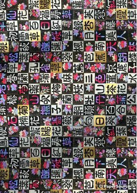 Japanese Chiyogami Kanji K 1, Kanji Characters and Floral elements in pink, purple and gold on a checkerboard style background. A Washi Yuzen Handmade Paper | PaperSource