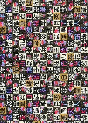 Japanese Chiyogami Kanji K 1, Kanji Characters and Floral elements in pink, purple and gold on a checkerboard style background. A Washi Yuzen Handmade Paper | PaperSource