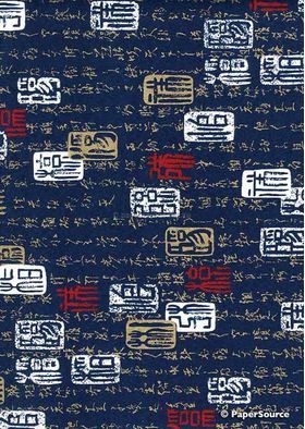 Chiyogami | Kanji Seals 04 Japanese handmade, screen printed paper on blue background with red, white and gold pattern | PaperSource
