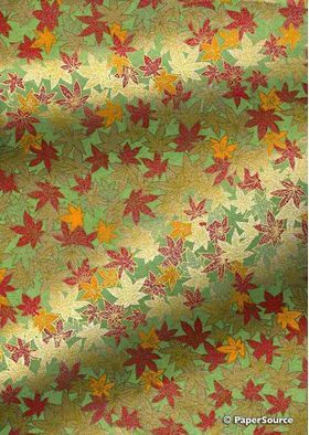 Chiyogami | Leaf 03 Japanese handmade, screen printed paper with leaves in autumn tones of red, amber and gold with gold outlines on green background-curled | PaperSource