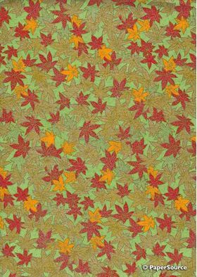 Chiyogami | Leaf 03 Japanese handmade, screen printed paper with leaves in autumn tones of red, amber and gold with gold outlines on green background | PaperSource