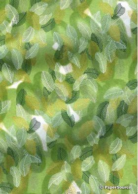 Japanese Chiyogami Leaves L10, Leaves in white and green on green variegated background with Gold highlights. A Washi Yuzen Handmade Japanese Paper | PaperSource