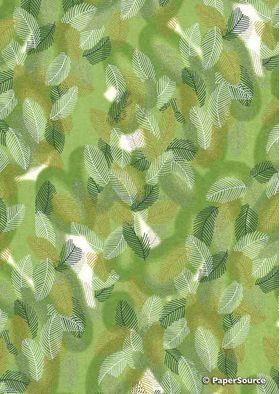 Japanese Chiyogami Leaves L10, Leaves in white and green on green variegated background with Gold highlights.