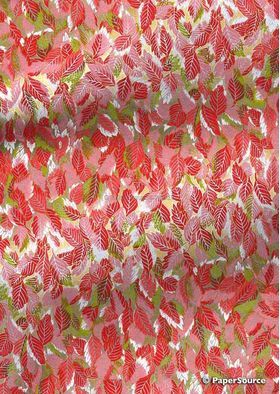 Chiyogami | Leaf 11 Japanese handmade, screen printed paper with Red, Pink Green and Gold leaves on a white background-curled | PaperSource