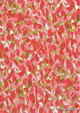 Chiyogami | Leaf 11 Japanese handmade, screen printed paper with Red, Pink Green and Gold leaves on a white background | PaperSource