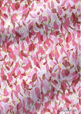 Chiyogami | Leaf 12 Japanese handmade, screen printed paper on gold background with red, pink and white leaf pattern outlined in gold-curled | PaperSource