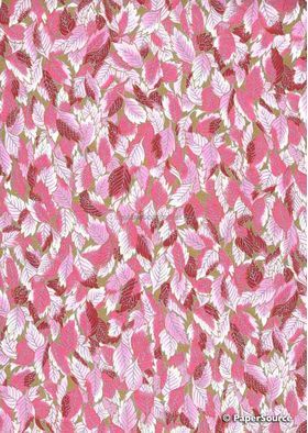Chiyogami | Leaf 12 Japanese handmade, screen printed paper on gold background with red, pink and white leaf pattern outlined in gold | PaperSource