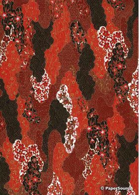 Japanese Chiyogami A4 Yuzen paper with red and black clouds outlined in gold | PaperSource