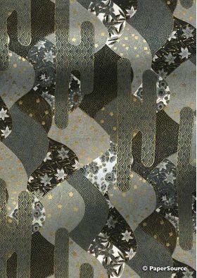 Japanese Chiyogami A4 Yuzen paper with grey and black hills outlined in gold | PaperSource