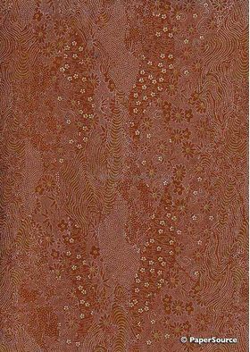 Japanese Chiyogami A4 Yuzen paper with brown fields of flowers detailed in gold | PaperSource