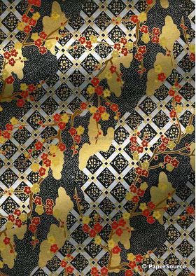 Japanese Chiyogami Panorama P12, Blossoms in red and gold on black and silver lattice background with Gold highlights - curled | PaperSource