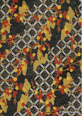 Japanese Chiyogami Panorama P12, Blossoms in red and gold on black and silver lattice background with Gold highlights | PaperSource