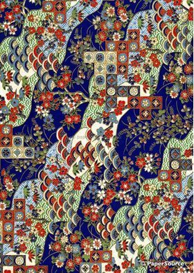 Chiyogami | Traditional 05 Japanese handmade, screen printed paper with a pattern of shapes and flowers in red, gold, green and blue tones outlined in gold on navy blue background | PaperSource