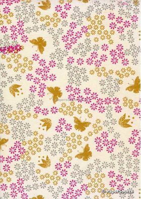 Chiffon Print | Butterfly Garden Pearl Chiffon with Pink, Gold and Silver Daisy and Butterfly Print, A4 | PaperSource Chiffon Print | Butterfly Garden Pearl Chiffon with Pink, Gold and Silver Daisy and Butterfly Print, A4 | PaperSource