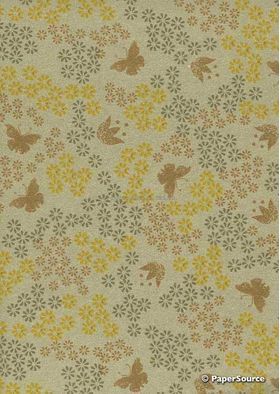 Chiffon Print | Butterfly Garden Sage Green Chiffon with Green and Gold Daisy and Butterfly Print, A4 | PaperSource