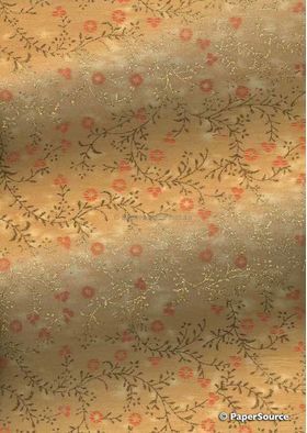 Chiffon Print | Marguerite Apricot Chiffon with Small Orange flowers with Gold leaf pattern on A4 - curled | PaperSource