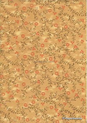 Chiffon Print | Marguerite Apricot Chiffon with Small Orange flowers with Gold leaf pattern on A4 | PaperSource