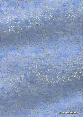 Chiffon Print | Marguerite Blue Chiffon with Small Blue flowers and Silver leaf pattern on A4 - curled | PaperSource