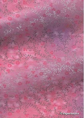 Chiffon Print | Marguerite Pink Chiffon with Small Pink flowers and Silver leaf pattern on A4 - curled | PaperSource
