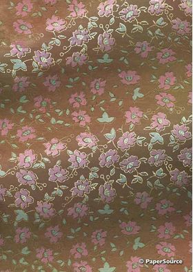 Chiffon Print | Camellia Chocolate Brown Chiffon with Pink and Green Flower Pattern outlined in Gold, A4 - curled | PaperSource