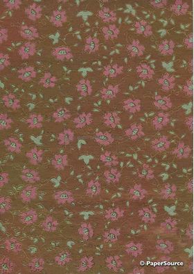 Chiffon Print | Camellia Chocolate Brown Chiffon with Pink and Green Flower Pattern outlined in Gold, A4 | PaperSource