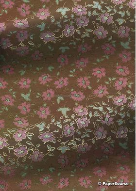 Chiffon Print | Camellia Chocolate Brown Chiffon with Pink and Green Flower Pattern outlined in Gold, A4 - on dark background| PaperSource
