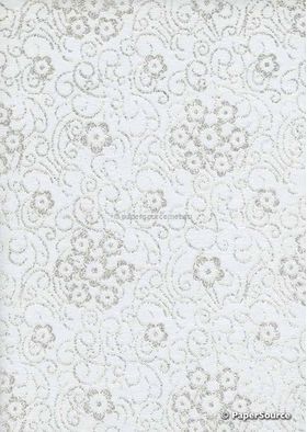 Chiffon Cherry Blossom | White chiffon with Silver and Glitter Floral Print A4 | PaperSource