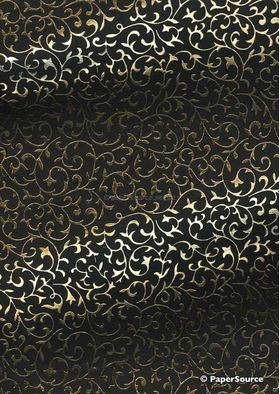 Flat Foil Rococo | Black Chiffon with Gold foiled wrought iron lacework pattern, A4 - curled | PaperSource