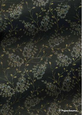 Chiffon Print | Wisteria Black Chiffon with Silver and Gold Glitter Floral pattern on A4 - curled | PaperSource