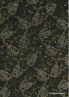 Chiffon Print | Wisteria Black Chiffon with Silver and Gold Glitter Floral pattern on A4 | PaperSource