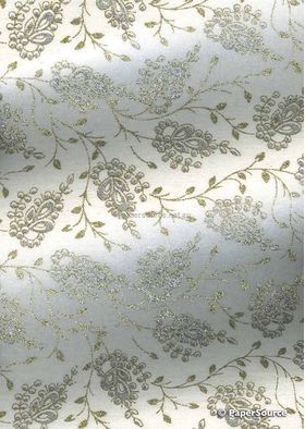 Chiffon Print | Wisteria White Chiffon with Silver and Gold Glitter Floral pattern on A4 - curled | PaperSource