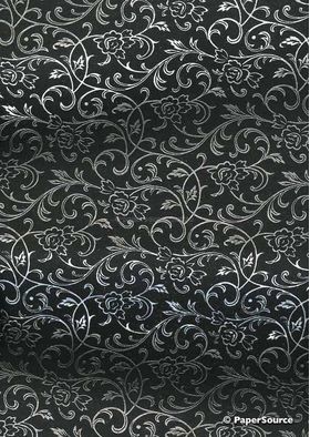 Flat Foil Espalier | Black Chiffon with Silver foiled floral vine pattern - curled | PaperSource