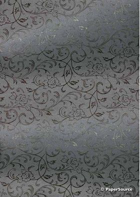 Flat Foil Espalier | Charcoal Grey Chiffon with Gunmetal Grey foiled floral vine pattern - curled | PaperSource