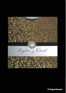 Invitation using Flat Foil Espalier Chocolate Brown Chiffon with Gold foiled design, handmade recycled paper | PaperSource