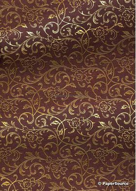 Flat Foil Espalier | Claret Chiffon with Gold foiled floral vine pattern - curled | PaperSource