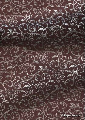 Flat Foil Espalier | Claret Chiffon with Silver foiled floral vine pattern - curled | PaperSource