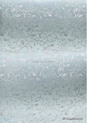 Flat Foil Espalier | Ice Blue Chiffon with Silver foiled floral vine pattern - curled | PaperSource