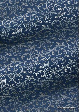 Flat Foil Espalier | Indigo Dark Blue Chiffon with Silver foiled floral vine pattern - curled | PaperSource