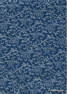 Flat Foil Espalier | Indigo Dark Blue Chiffon with Silver foiled floral vine pattern | PaperSource