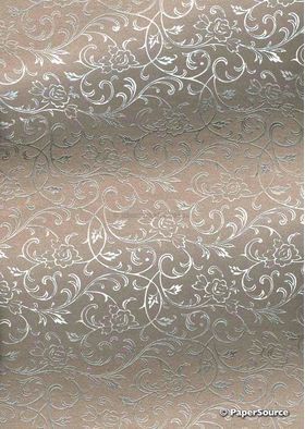 Flat Foil Espalier | Mink Taupe Chiffon with Silver foiled floral vine pattern - curled | PaperSource