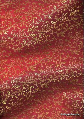 Flat Foil Espalier | Red Chiffon with Gold foiled floral vine pattern - curled | PaperSource