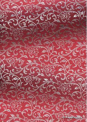 Flat Foil Espalier | Red Chiffon with Silver foiled floral vine pattern - curled | PaperSource