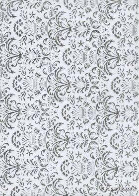 Flat Foil Crest | Silver Foil Damask pattern on White Matte Chiffon A4 | PaperSource