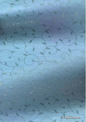 Chiffon Print | Luxe Baby Blue Chiffon with Delicate Blue Swirly Vine pattern on A4 - curled | PaperSource