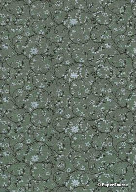 Chiffon Print | Periwinkle Sage Green Chiffon with Black Vines and delicate White Flower pattern, A4 | PaperSource