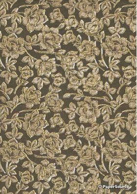 Chiffon Print | Rose Chocolate Chiffon with Ivory and Brown Floral pattern outlined in Gold Glitter, A4 | PaperSource
