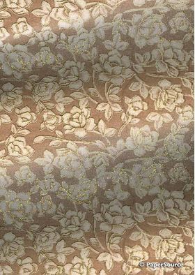 Chiffon Print | Rose Mink Brown Chiffon with Ivory and Brown Floral pattern outlined in Gold Glitter, A4 - curled | PaperSource