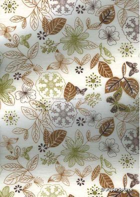 Chiffon Print | Eco White Chiffon with Green, Dark Brown and Chocolate Leaf, Floral and Butterfly pattern, A4 - curled | PaperSource