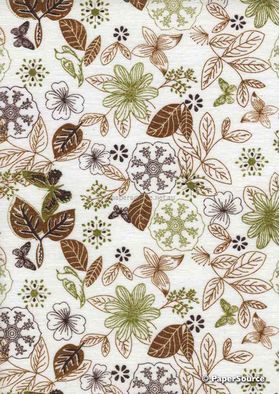 Chiffon Print | Eco White Chiffon with Green, Dark Brown and Chocolate Leaf, Floral and Butterfly pattern, A4 | PaperSource
