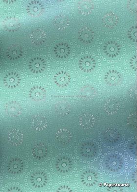 Chiffon Print | Daisy Circles Aqua Green Chiffon with Circle Floral pattern and Silver Glitter highlights, A4 - curled | PaperSource